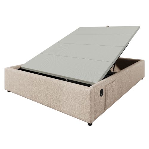 Lit Coffre 160×200 Cm, Lit Adulte Avec Port De Charge USB-c, Sans Tête De Lit, Lin, Naturel