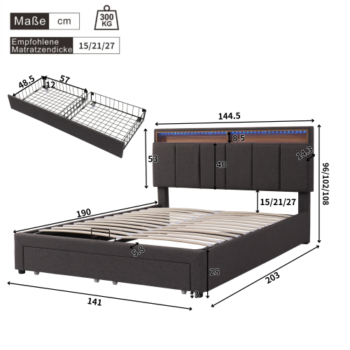 Lit Coffre 140x190 Cm, Lit Adulte, Lit Avec 2 Tiroirs, Tête De Lit Rangement, Lin Gris, Sans Fond