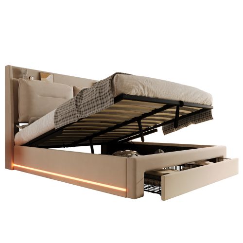 Lit Coffre 140x190 Cm, Lit Adulte Avec 2 Tiroirs, Éclairage LED, Velours, Sans Fond,beige