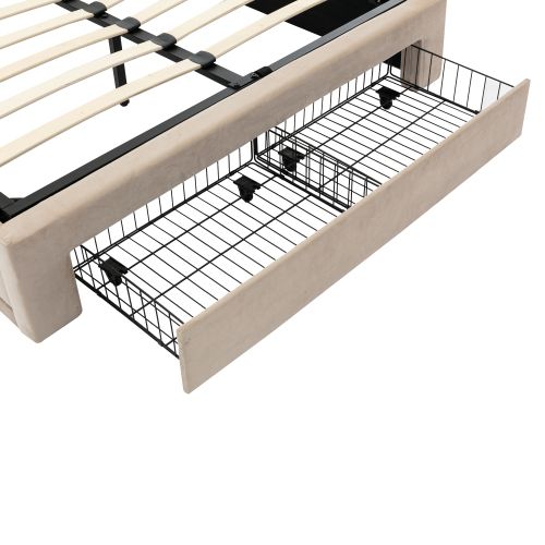 Lit Coffre 140x190 Cm, Lit Adulte Avec 2 Tiroirs, Éclairage LED, Velours, Sans Fond,beige