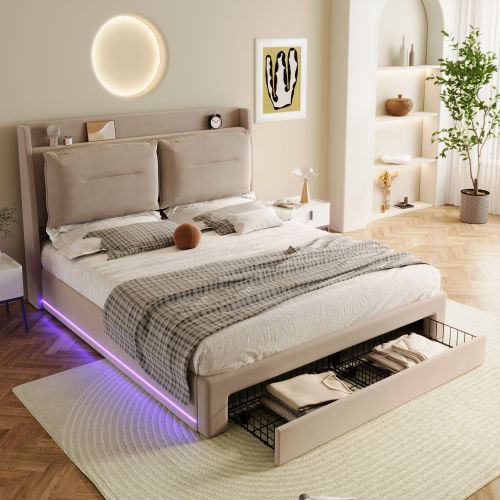 Lit Coffre 160x200 Cm, Lit Adulte Avec 2 Tiroirs, Éclairage LED, Velours, Sans Fond,beige