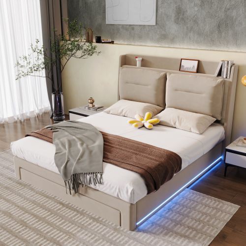 Lit Coffre 180x200 Cm, Lit Adulte Avec 2 Tiroirs, Éclairage LED, Velours, Sans Fond,beige