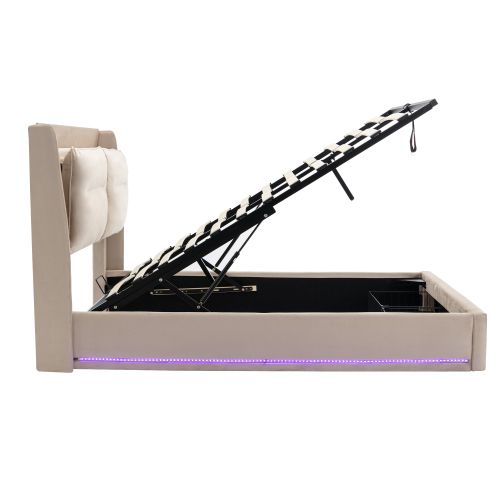 Lit Coffre 180x200 Cm, Lit Adulte Avec 2 Tiroirs, Éclairage LED, Velours, Sans Fond,beige