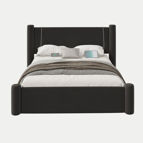 Lit Adulte 160x200 Cm Avec 2 Tiroirs, Pieds Cylindriques, Port USB, Velours, Noir
