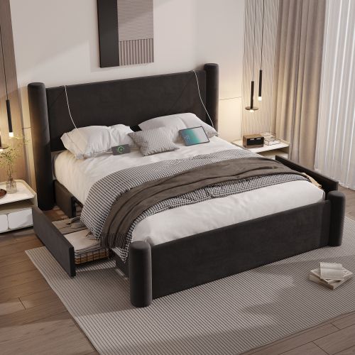 Lit Adulte 160x200 Cm Avec 2 Tiroirs, Pieds Cylindriques, Port USB, Velours, Noir