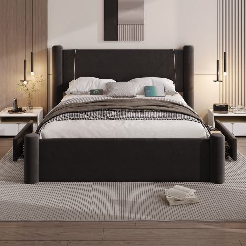 Lit Adulte 160x200 Cm Avec 2 Tiroirs, Pieds Cylindriques, Port USB, Velours, Noir