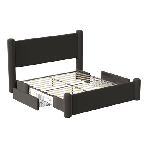 Lit Adulte 160x200 Cm Avec 2 Tiroirs, Pieds Cylindriques, Port USB, Velours, Noir