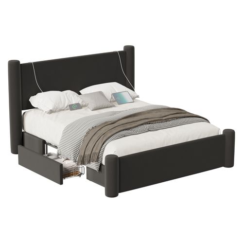 Lit Adulte 140x200 Cm Avec 2 Tiroirs, Pieds Cylindriques, Port USB, Velours, Noir