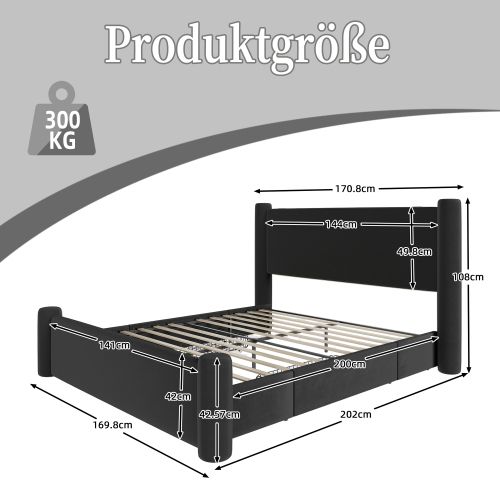Lit Adulte 140x200 Cm Avec 2 Tiroirs, Pieds Cylindriques, Port USB, Velours, Noir