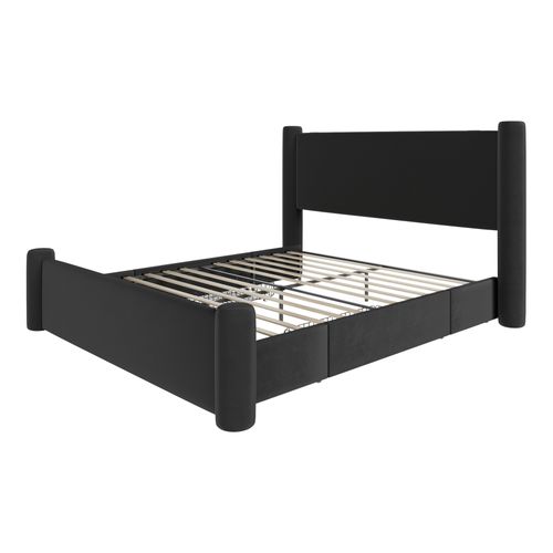 Lit Adulte 140x200 Cm Avec 2 Tiroirs, Pieds Cylindriques, Port USB, Velours, Noir