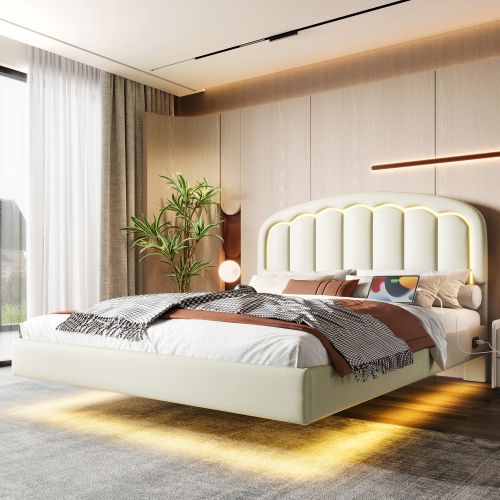 Lit Adulte 140x200 Cm Avec Tête De Lit Pétale, Éclairage LED, Sommier à Lattes, Blanc