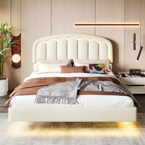 Lit Adulte 140x200 Cm Avec Tête De Lit Pétale, Éclairage LED, Sommier à Lattes, Blanc