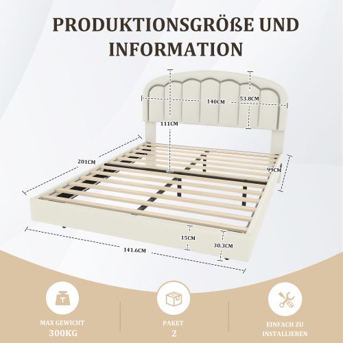 Lit Adulte 140x200 Cm Avec Tête De Lit Pétale, Éclairage LED, Sommier à Lattes, Blanc