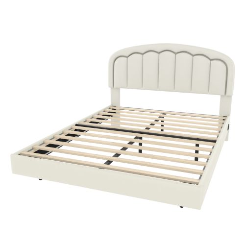 Lit Adulte 140x200 Cm Avec Tête De Lit Pétale, Éclairage LED, Sommier à Lattes, Blanc