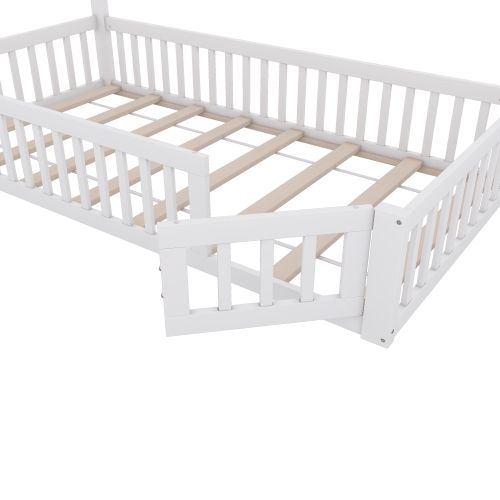 Lit Cabane 90x200 Cm, Lit Enfant Avec Tête De Lit Cheminée, Barrière De Lit, Sommier à Lattes, Blanc