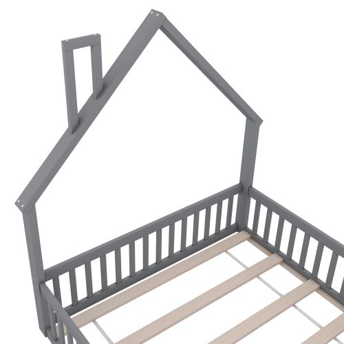 Lit Cabane 140x200 Cm, Lit Enfant Avec Tête De Lit Cheminée, Barrière De Lit, Sommier à Lattes, Gris