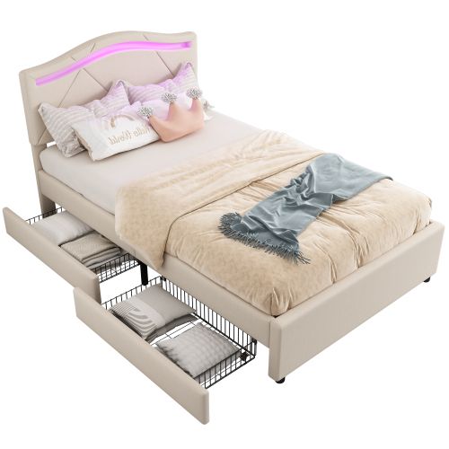 Lit Enfant 90x200 Cm Avec 2 Tiroirs, Éclairage LED Télécommandé, Tête De Lit Réglable, Lin, Beige