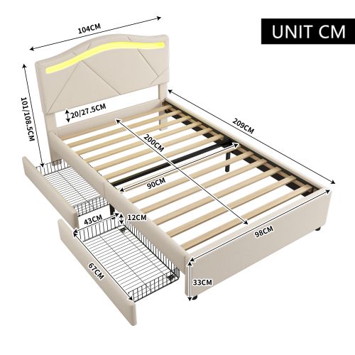 Lit Enfant 90x200 Cm Avec 2 Tiroirs, Éclairage LED Télécommandé, Tête De Lit Réglable, Lin, Beige