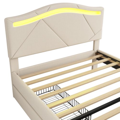 Lit Enfant 90x200 Cm Avec 2 Tiroirs, Éclairage LED Télécommandé, Tête De Lit Réglable, Lin, Beige