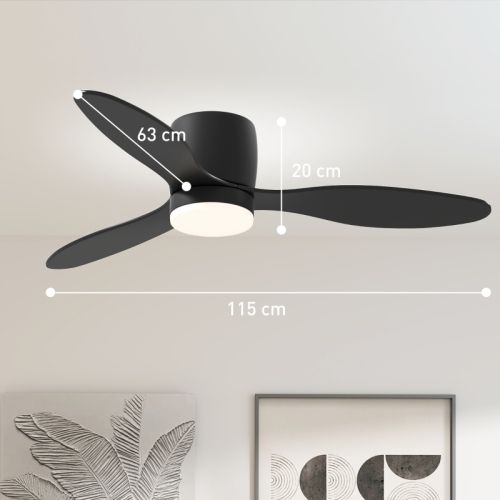 Ventilateur De Plafond 115 Cm Avec Lumière Et Télécommande, Moteur Dc Réversible, 6 Vitesses, Noir