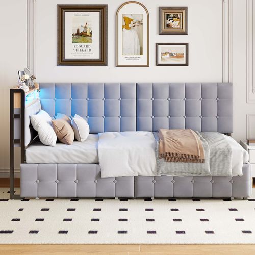Lit Banquette Enfant 90x200cm Avec 2 Tiroirs De Rangement, LED Et Charge USB, Velours, Gris Clair
