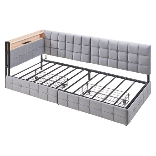 Lit Banquette Enfant 90x200cm Avec 2 Tiroirs De Rangement, LED Et Charge USB, Velours, Gris Clair