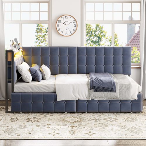 Lit Banquette Enfant 90x200cm Avec 2 Tiroirs De Rangement, LED Et Charge USB, Velours, Gris Foncé