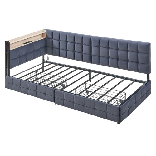 Lit Banquette Enfant 90x200cm Avec 2 Tiroirs De Rangement, LED Et Charge USB, Velours, Gris Foncé
