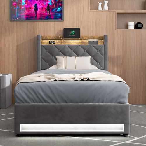 Lit Enfant Coffre 90x200cm Avec Rangement, Sommier, LED Et Chargement USB, Velours, Gris Foncé