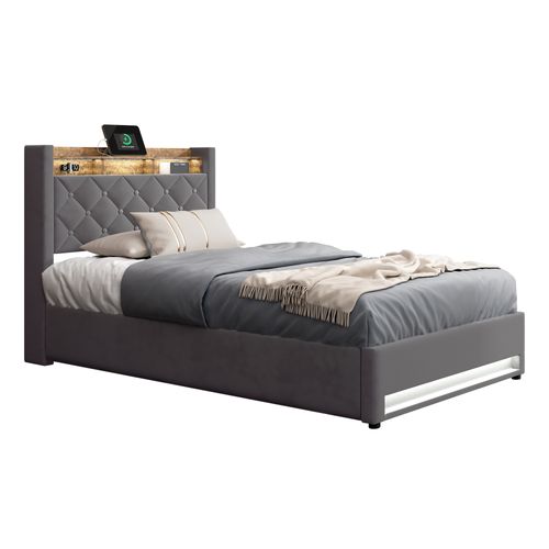 Lit Enfant Coffre 90x200cm Avec Rangement, Sommier, LED Et Chargement USB, Velours, Gris Foncé
