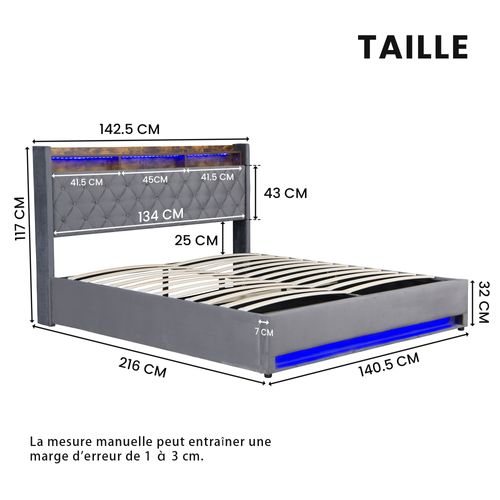 Lit Adulte Coffre 140x200cm Avec Rangement, Bande Lumineuse LED, Chargement USB, Velours, Gris Foncé