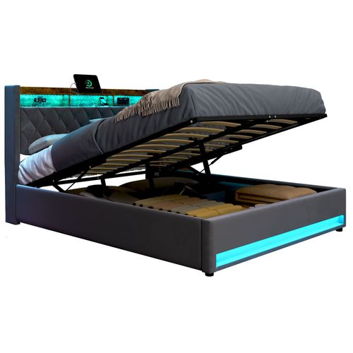 Lit Double Coffre Rembourré 160x200cm, Bande Lumineuse LED, Chargement USB, Gris Foncé