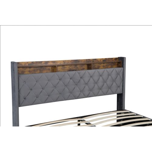 Lit Double Coffre Rembourré 160x200cm, Bande Lumineuse LED, Chargement USB, Gris Foncé