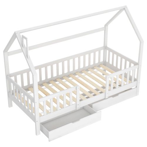 Lit Cabane 90x200 Cm, Lit Enfant Avec 2 Tiroirs Et Sommier à Lattes, En Pin, Blanc