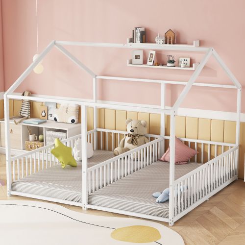Lit Cabane 90x200 Cm, Lit 2 Personnes, Lit En Métal, Lit Enfant, Blanc