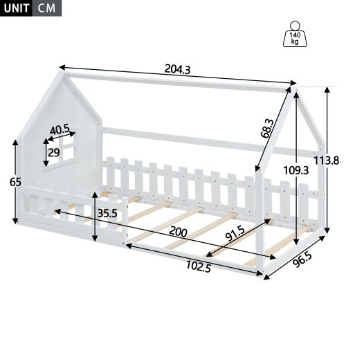 Lit Cabane 90x200 Cm, Lit Enfant Avec Lattes Et Barrière De Sécurité, Blanc