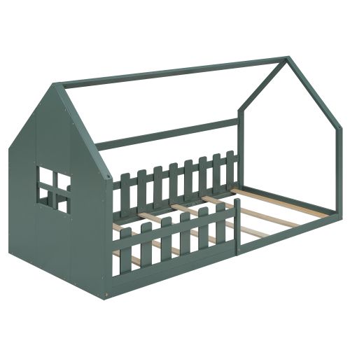 Lit Cabane 90x200cm, Lit Enfant Avec Lattes Et Barrière De Sécurité, Vert