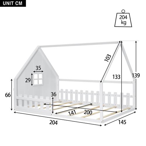 Lit Cabane 140x200 Cm, Lit Enfant Avec Lattes, Barrière De Sécurité, Bois De Pin, Blanc