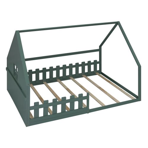 Lit Cabane 140x200 Cm, Lit Enfant Avec Lattes, Barrière De Sécurité, Bois De Pin, Vert