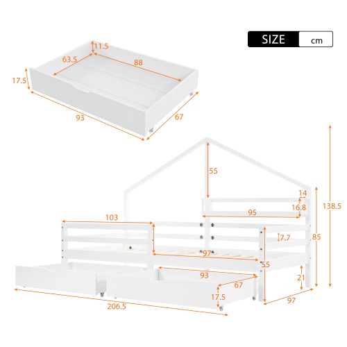 Lit Cabane Enfant 90x200 Avec Étagère De Rangement Et 2 Grands Tiroirs, Forme Cheminée, Blanc