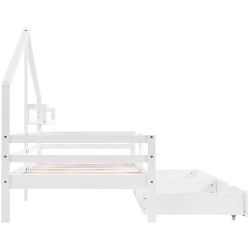 Lit Cabane Enfant 90x200 Avec Étagère De Rangement Et 2 Grands Tiroirs, Forme Cheminée, Blanc