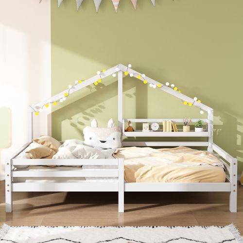 Lit Cabane 90x200 Pour Enfant, Avec Étagère De Rangement, En Bois, Blanc
