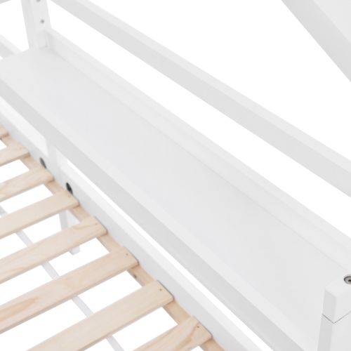 Lit Cabane 90x200 Pour Enfant, Avec Étagère De Rangement, En Bois, Blanc