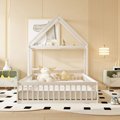 Lit Cabane Enfant 140x200 Cm Avec Portes Et Sommier à Lattes, En Bois, Blanc