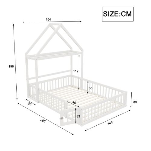 Lit Cabane Enfant 140x200 Cm Avec Portes Et Sommier à Lattes, En Bois, Blanc