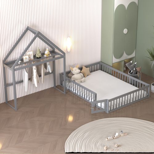 Lit Cabane Enfant 140x200 Cm Avec Portes Et Sommier à Lattes, En Bois, Gris