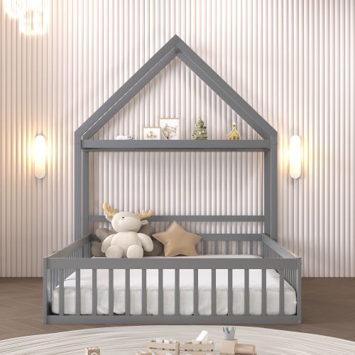Lit Cabane Enfant 140x200 Cm Avec Portes Et Sommier à Lattes, En Bois, Gris