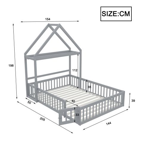 Lit Cabane Enfant 140x200 Cm Avec Portes Et Sommier à Lattes, En Bois, Gris