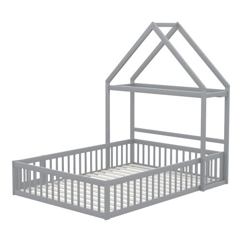 Lit Cabane Enfant 140x200 Cm Avec Portes Et Sommier à Lattes, En Bois, Gris