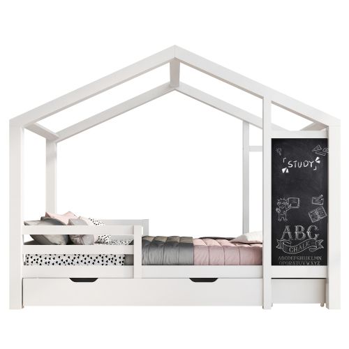 Lit Cabane 90x200 Cm, Lit Enfant Avec 2 Tiroirs Et Tableau Noir, Barrière Et Sommier à Lattes, Blanc